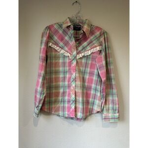Vintage WRANGLER Womens 9/10Plaid Lace‎ Detail Western Cowgirl Shirt